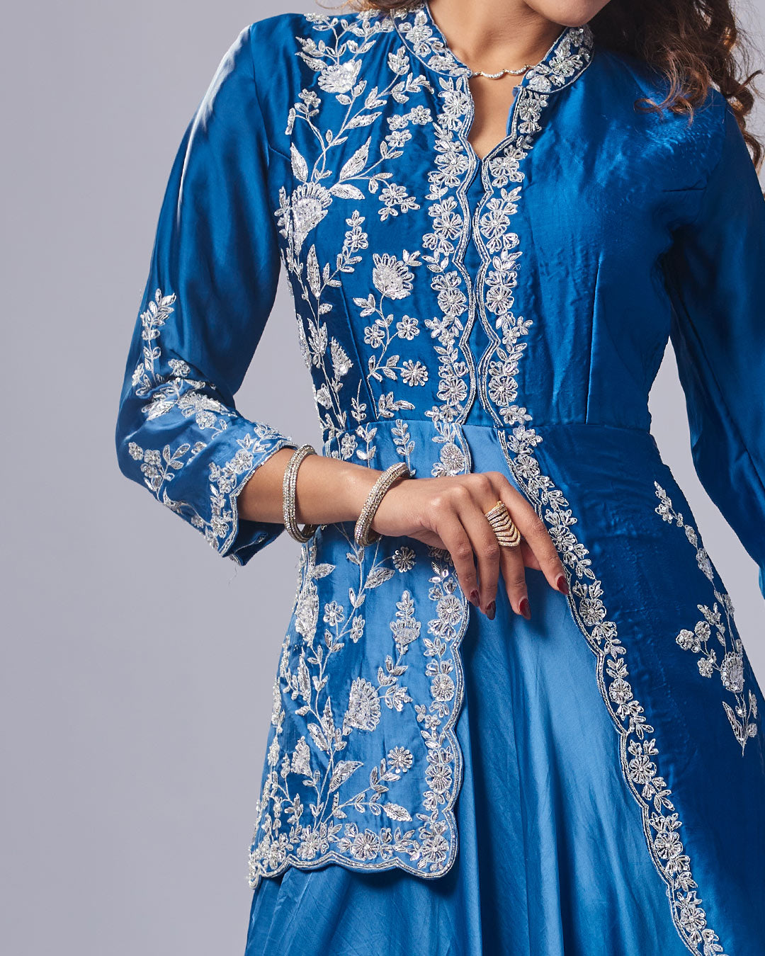 Blue Luxe Embroidered Gown Set with Dupatta – Pakistani Look