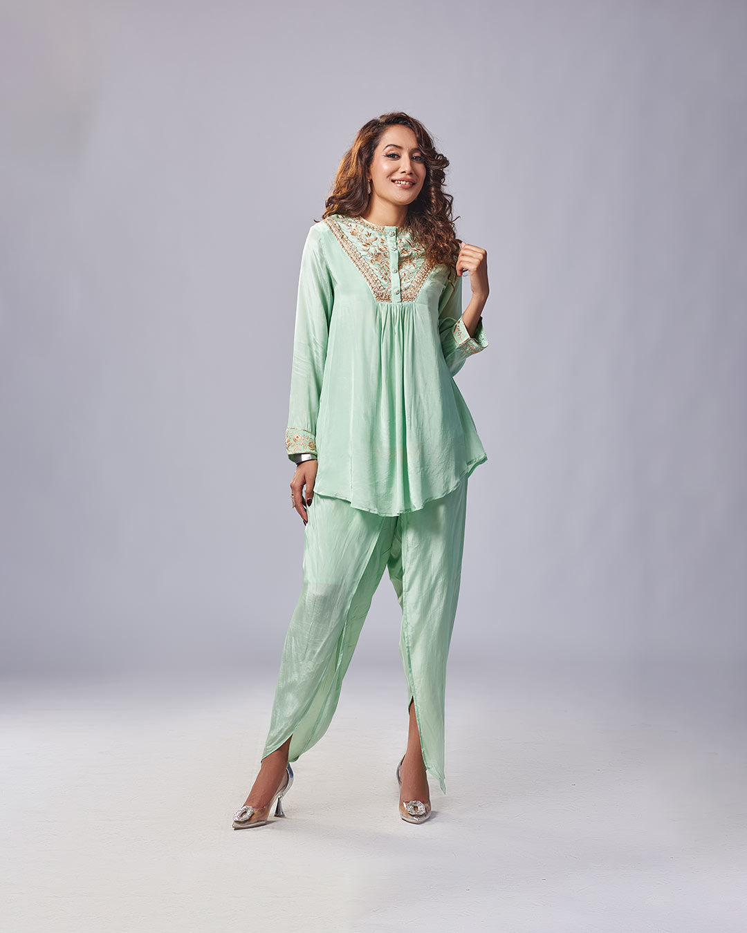  Mint Green Elegance Embroidered Kurthi With Dhoti Plazo – Pakistani Look 