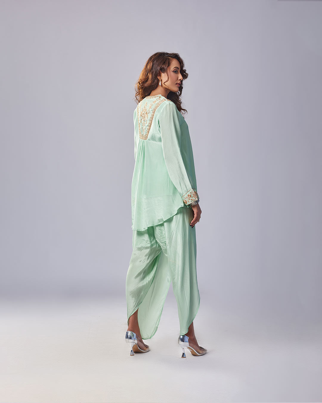 Mint Green Elegance Embroidered Kurthi With Dhoti Plazo – Pakistani Look
