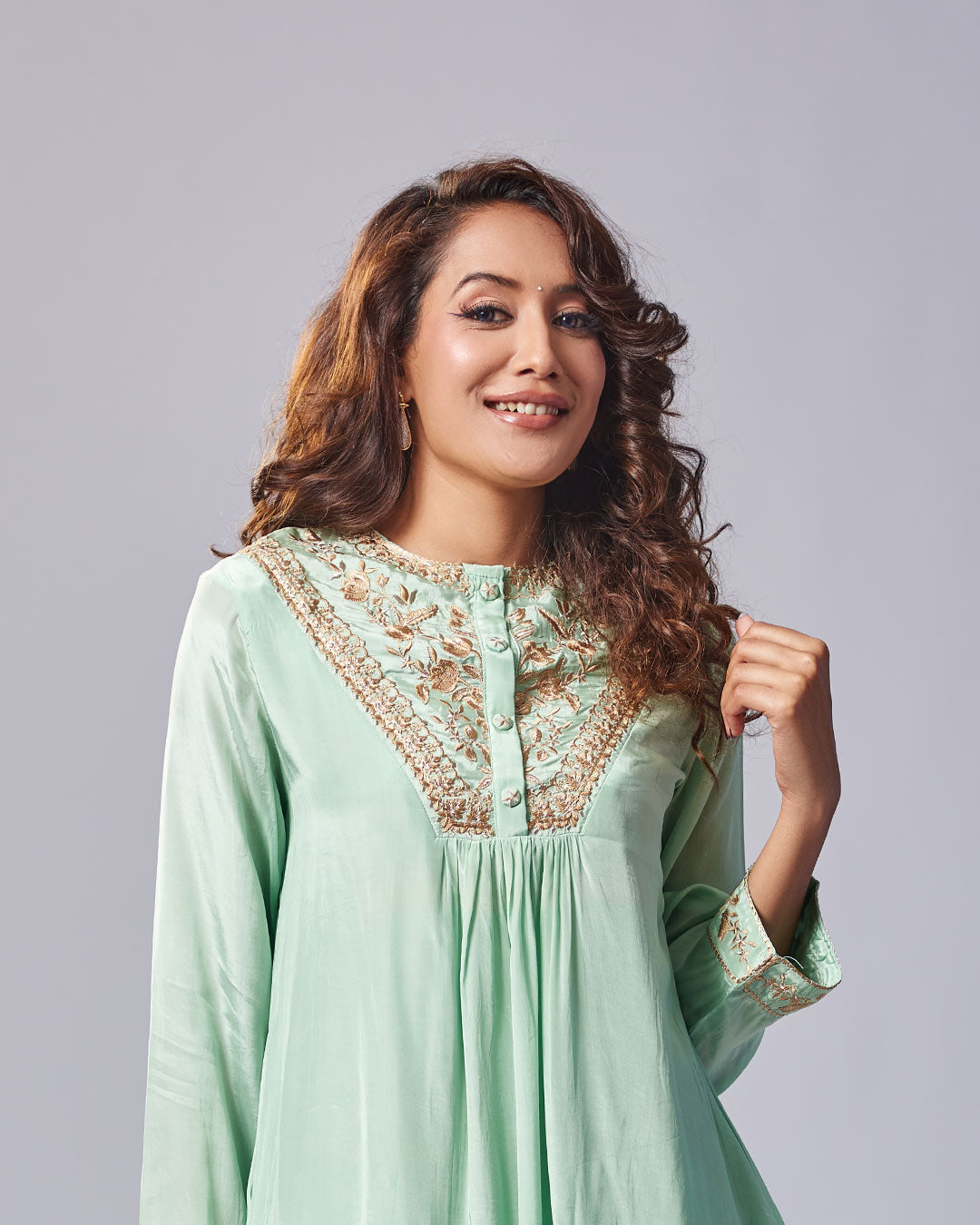 Mint Green Elegance Embroidered Kurthi With Dhoti Plazo – Pakistani Look