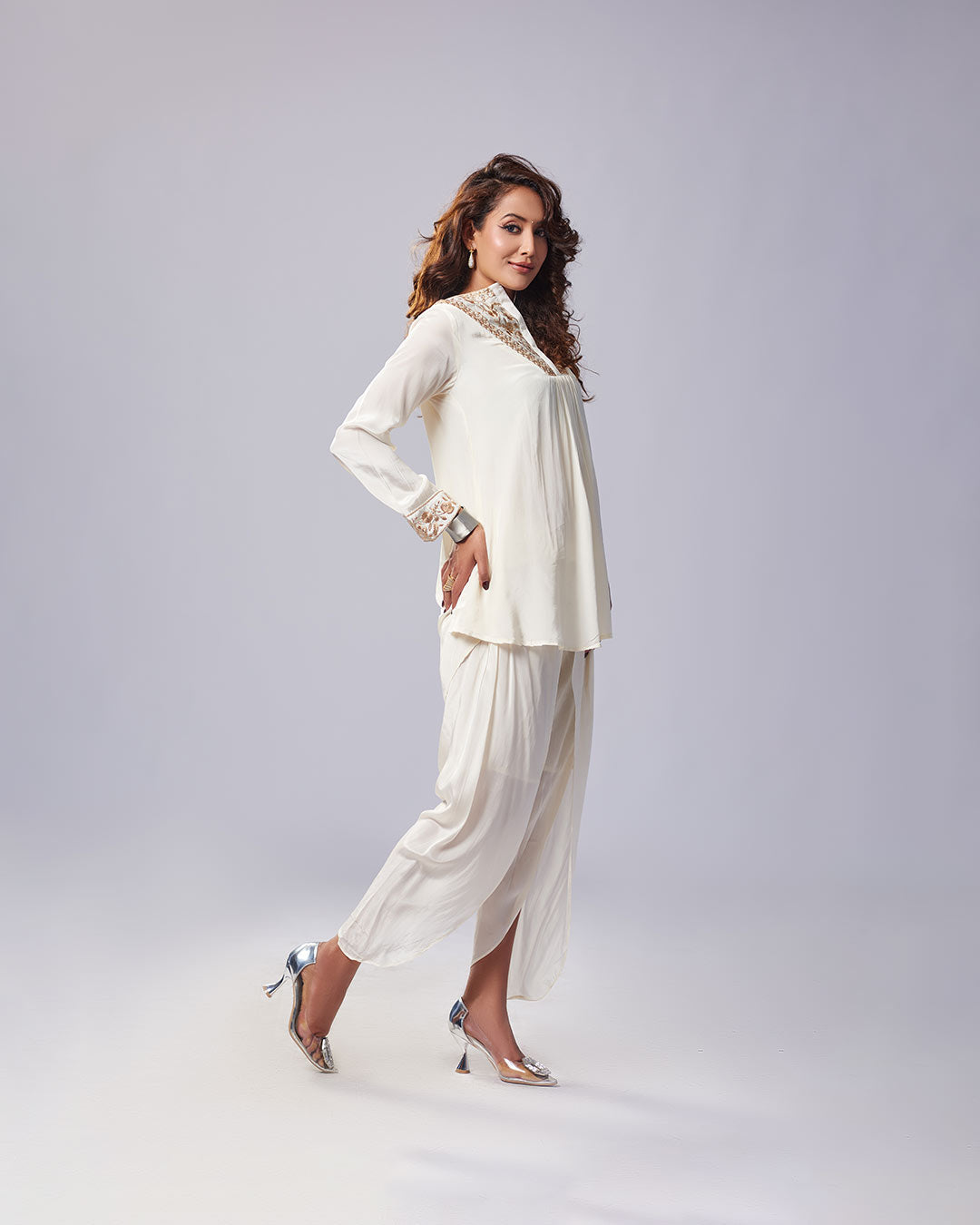 Ivory Grace Embroidered Kurthi with Dhoti Pant – Pakistani Look