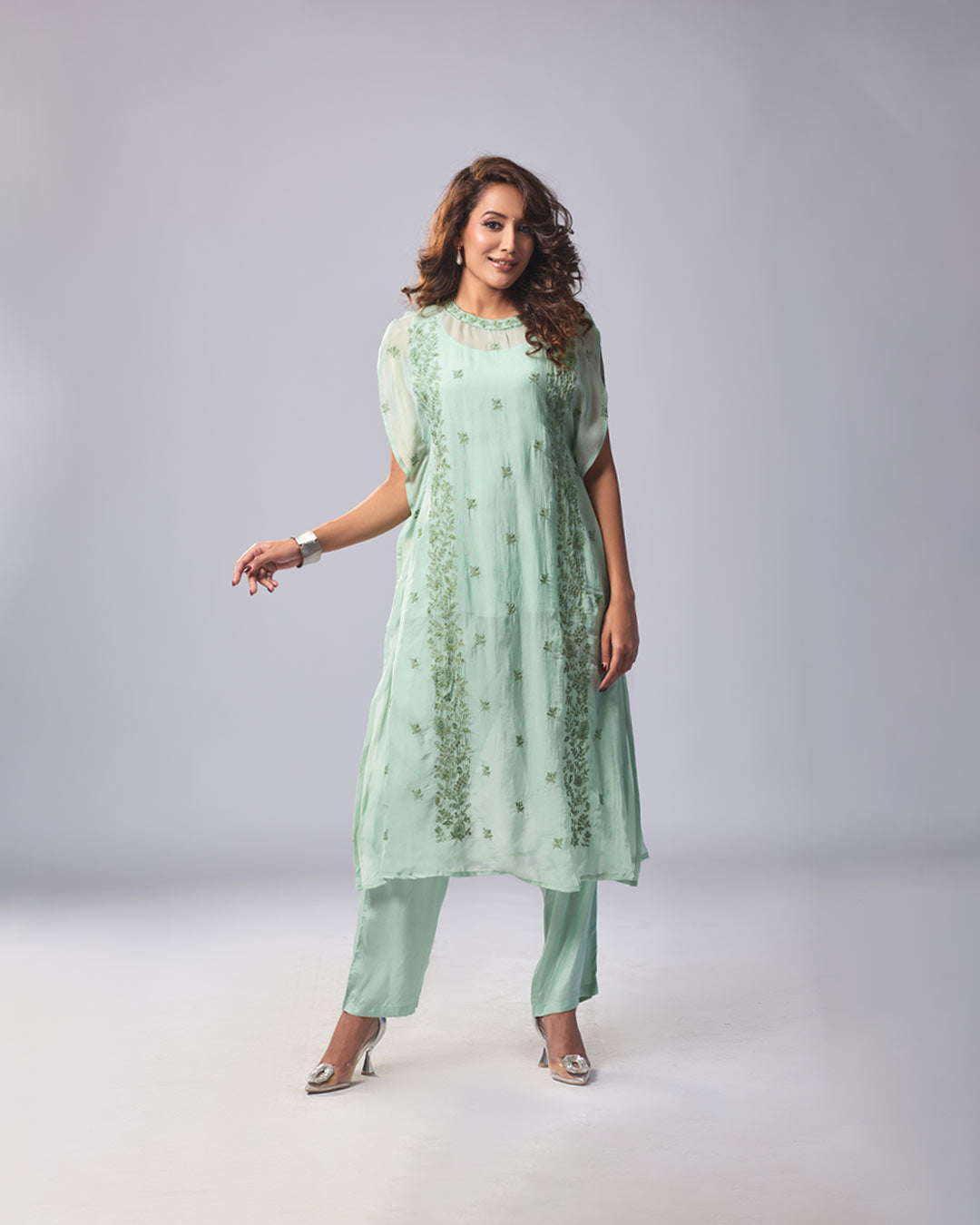 Mint Green Georgette Kurtha Set with Embroidered Detailing