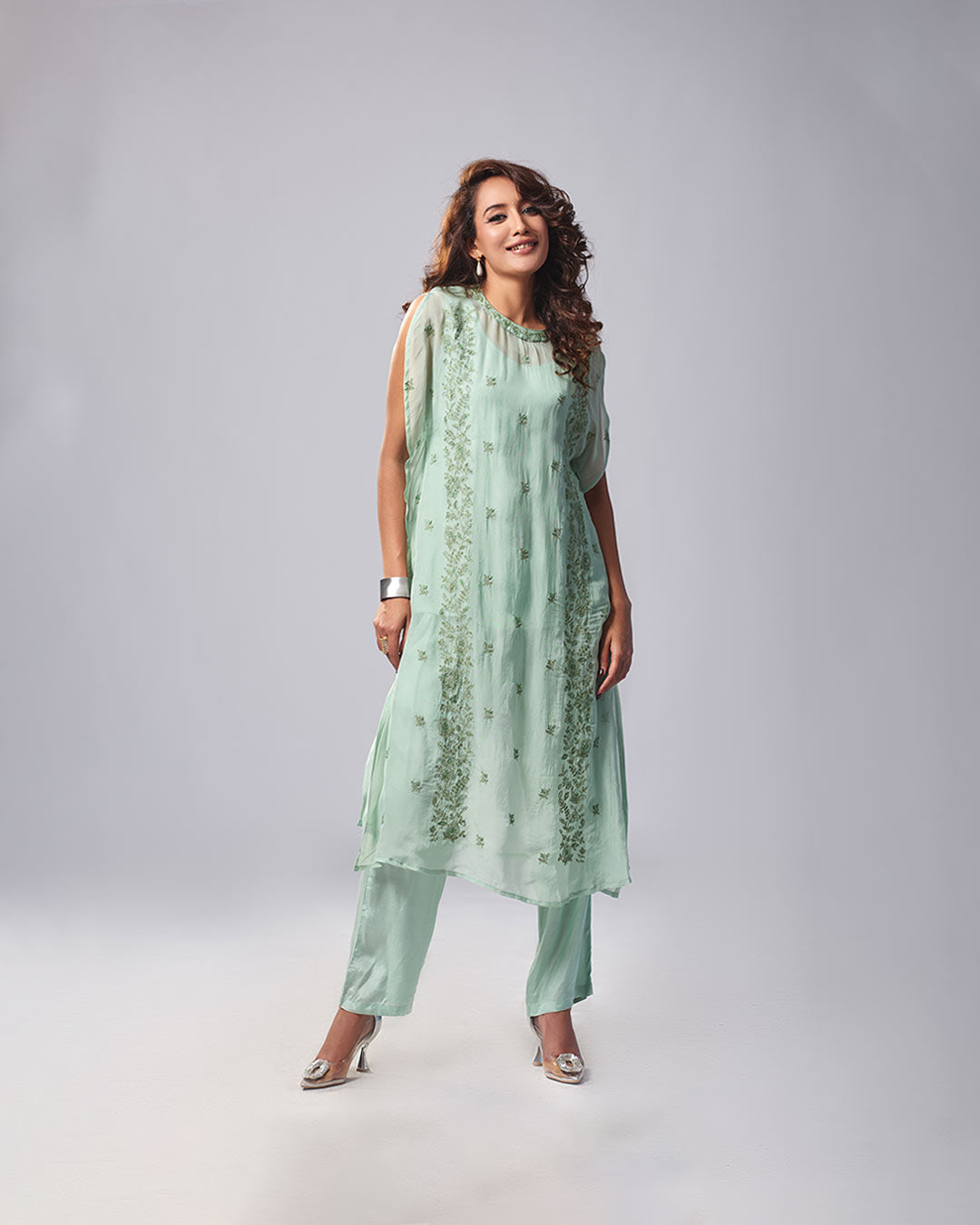Mint Green Georgette Kurtha Set with Embroidered Detailing