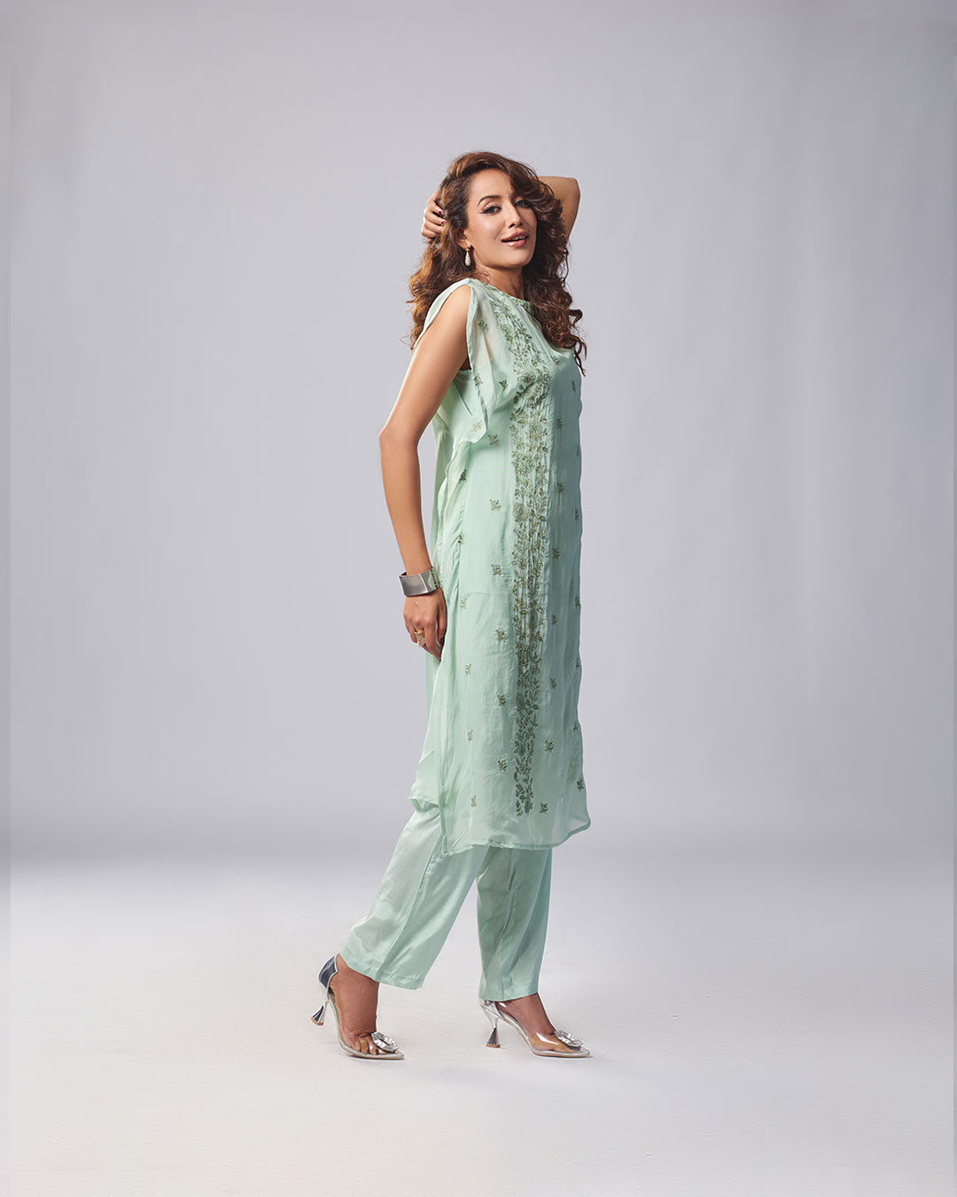 Mint Green Georgette Kurtha Set with Embroidered Detailing