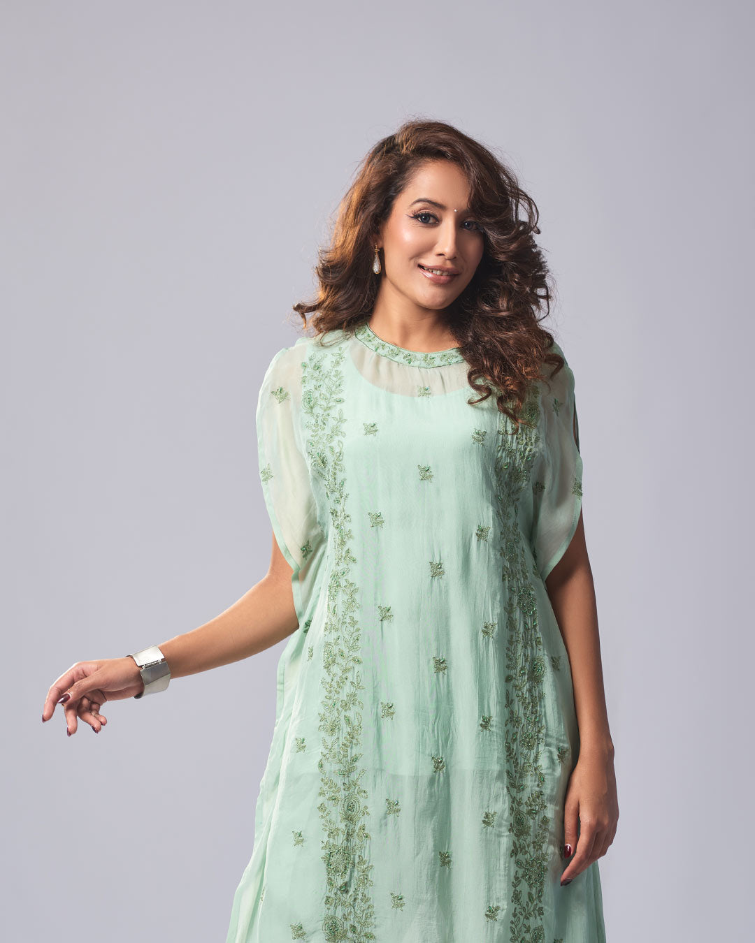 Mint Green Georgette Kurtha Set with Embroidered Detailing