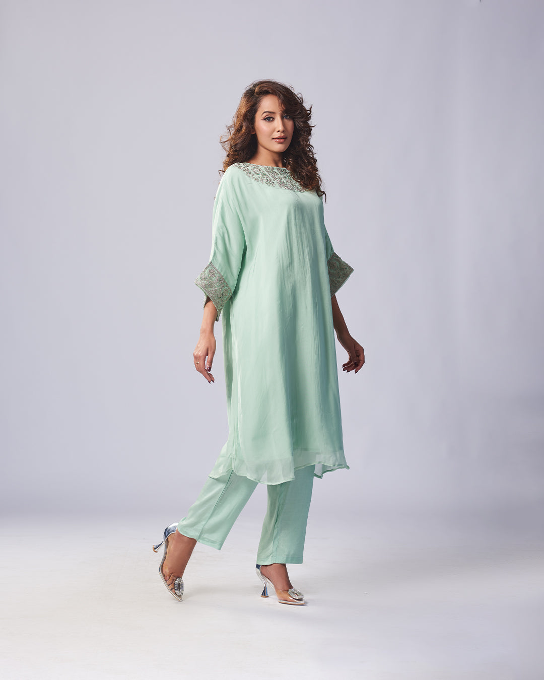 Mint Green Embroidered Kurthi With Pant