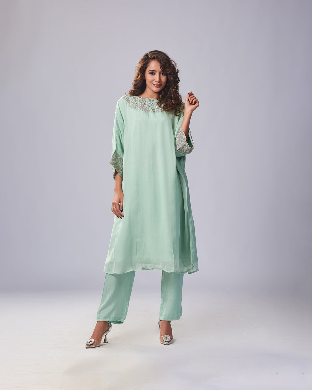 Mint Green Embroidered Kurthi With Pant