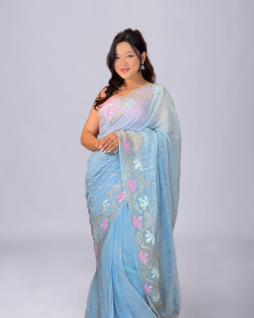 Serene Bloom Sky Blue Silk Saree