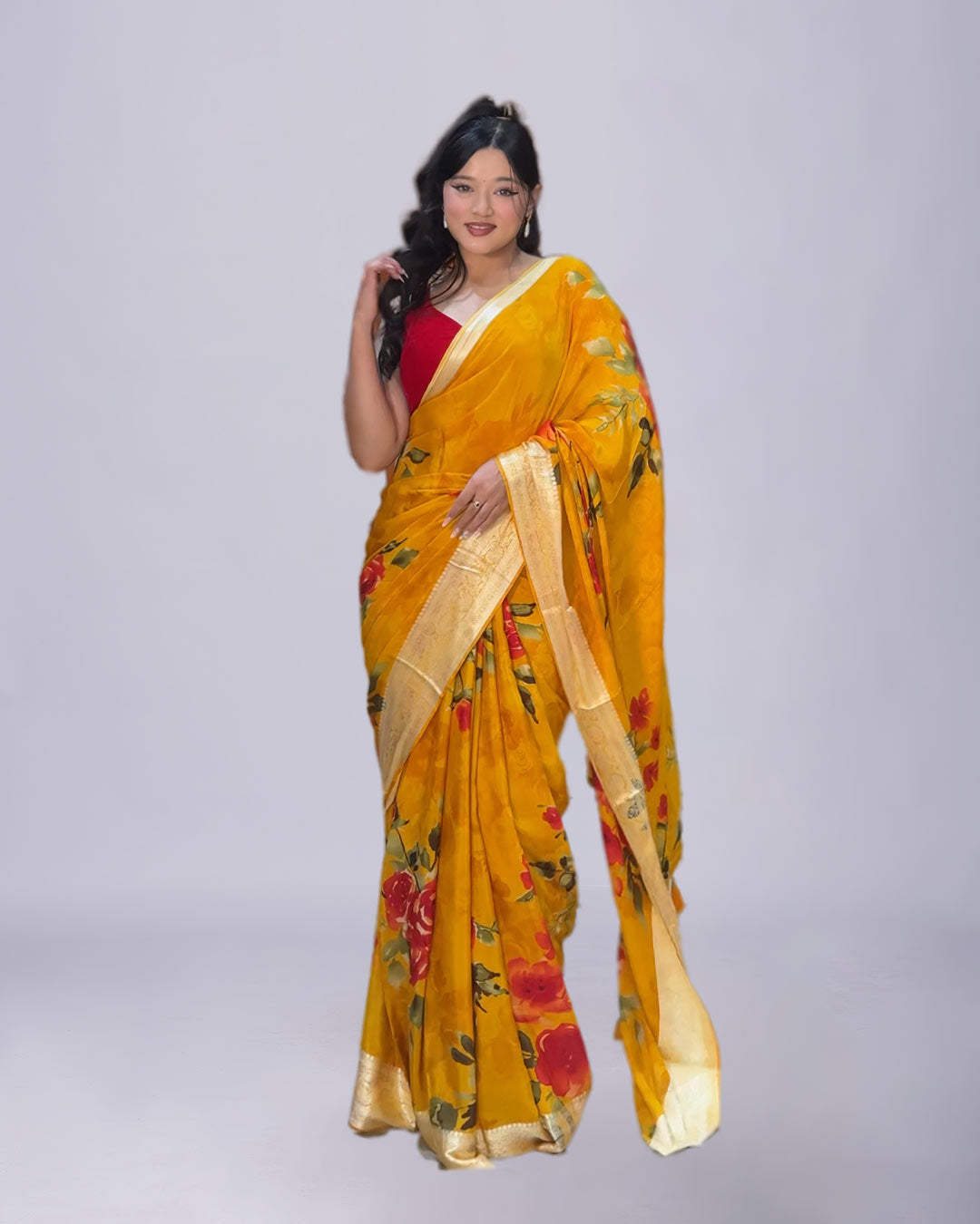Yellow Georgette Printed Saree